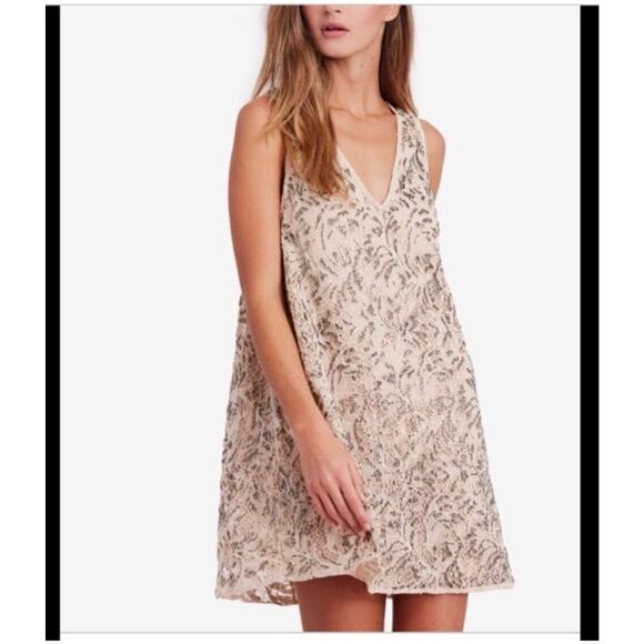 Free People Shine On Beaded Lace Crocheted Sleeveless Mini Dress Sz L Swifty - Picture 1 of 16